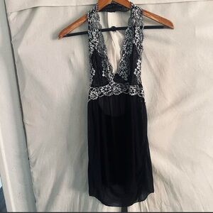 Black & White Halter Mesh Lingerie Slip Baby Doll Dress